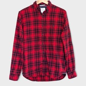 On The Road Flannel Shirt Slim Fit Small Red Black Plaid Long Sleeve Men